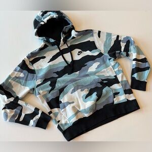 Nike Men’s M Club Fleece Pullover Hoodie Blue Black Camo Sweatshirt Drawstring